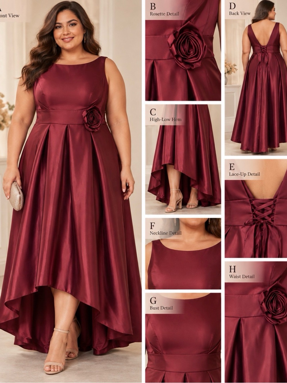 Plus-Size Burgundy High-Low Satin Evening Gown Dress with Rosette